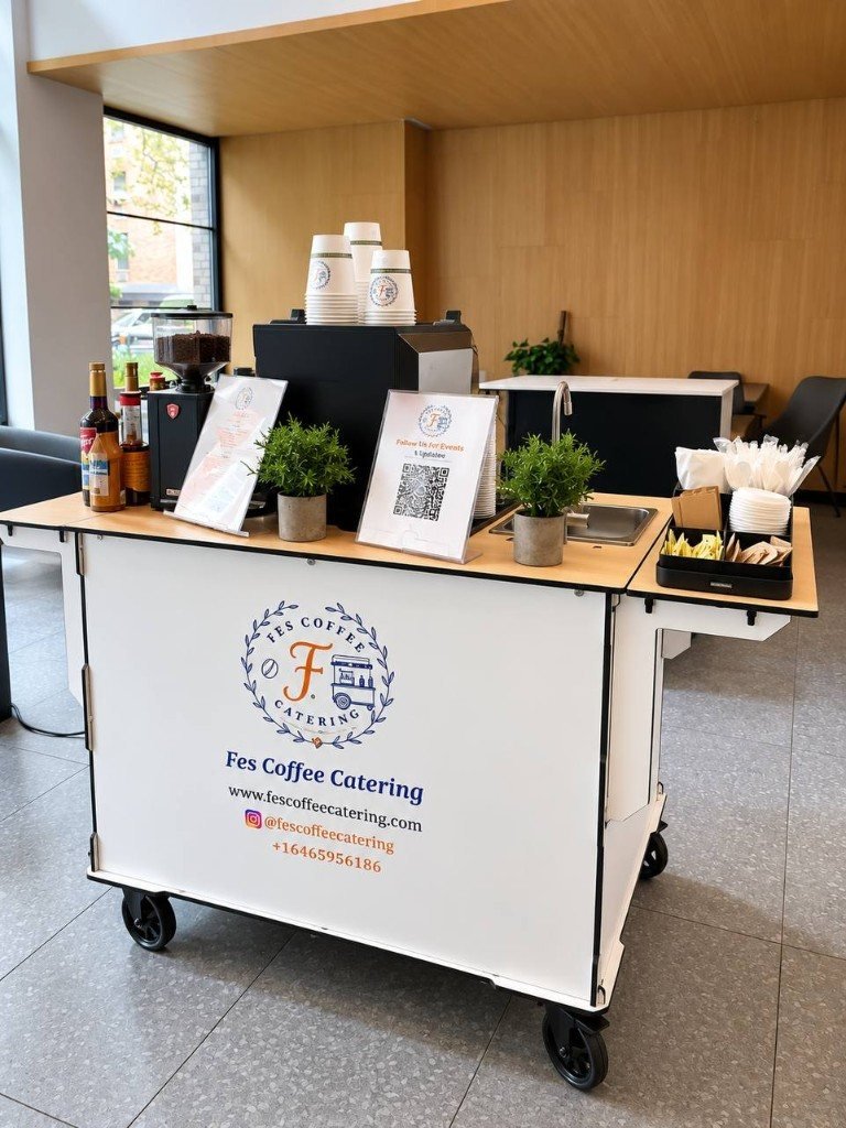 Fes Coffee Catering mobile espresso cart in a modern lobby
