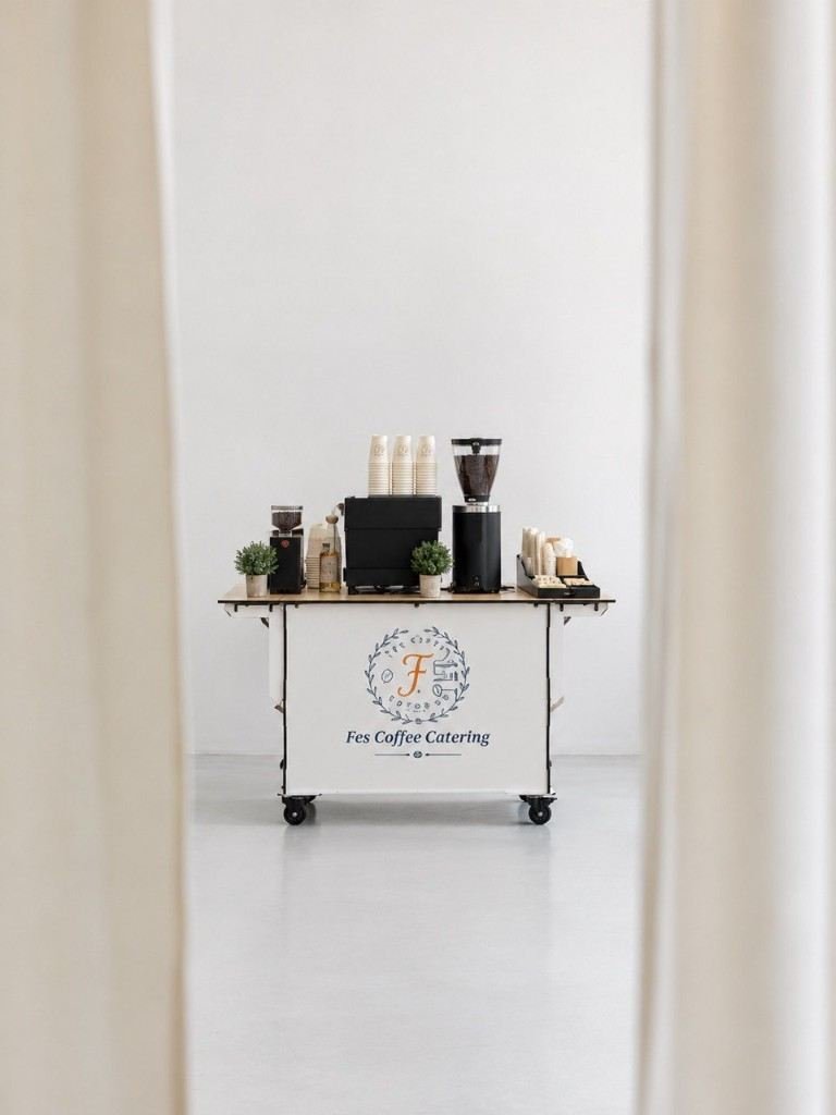 Fes Coffee Catering cart set up in a bright studio