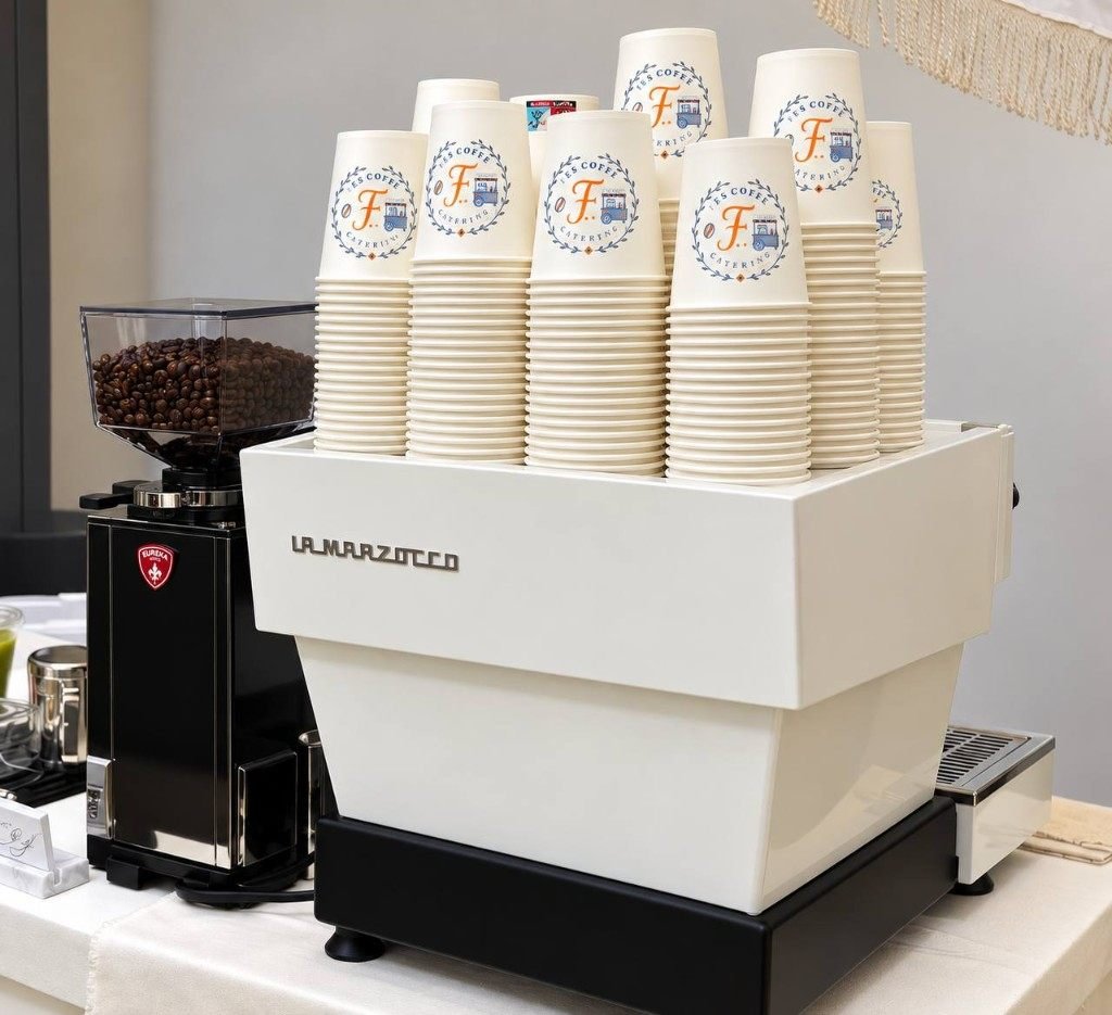 La Marzocco espresso machine with stacked Fes Coffee Catering cups