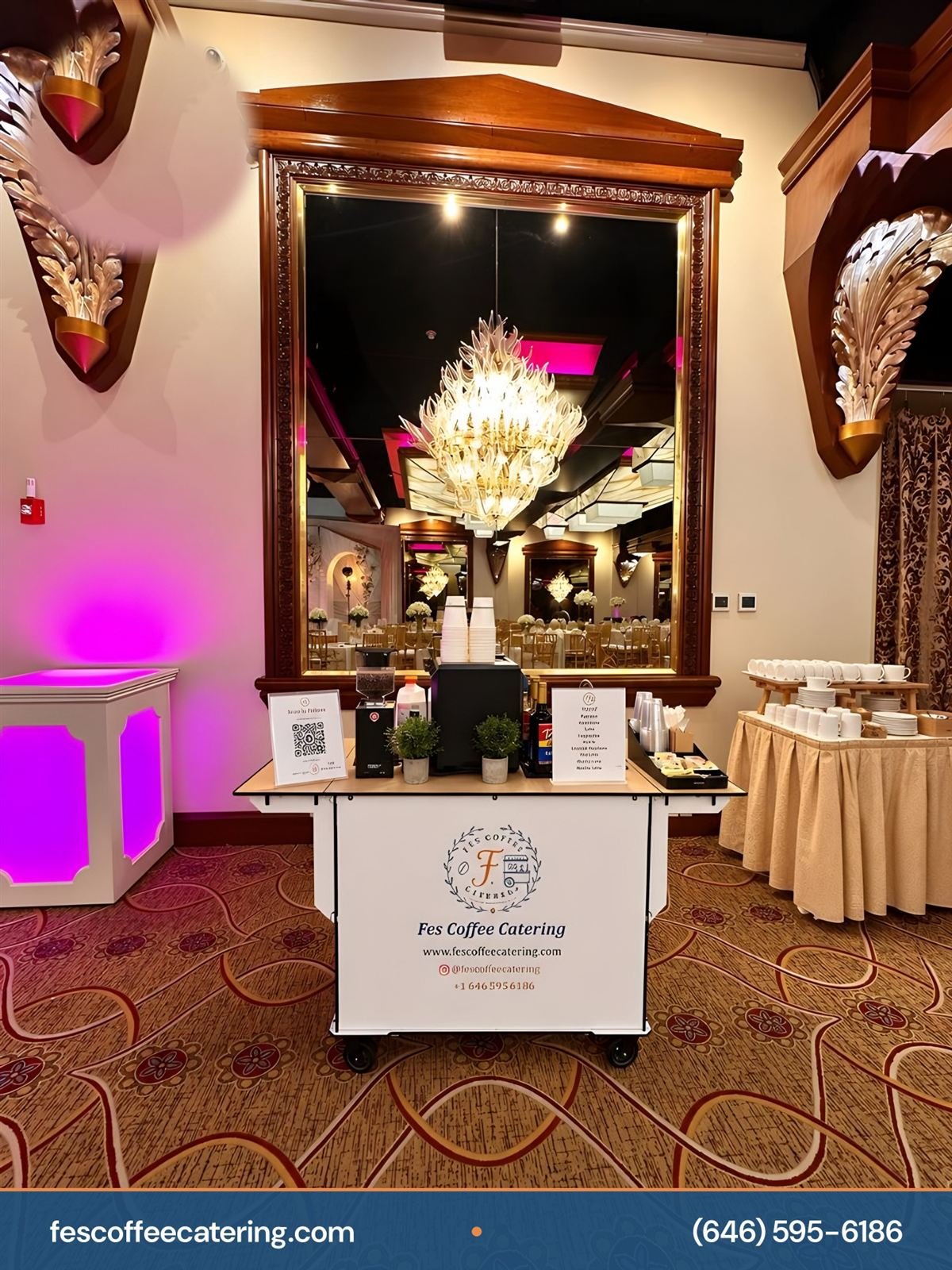 Fes Coffee Catering custom branded cups displayed with an espresso cart