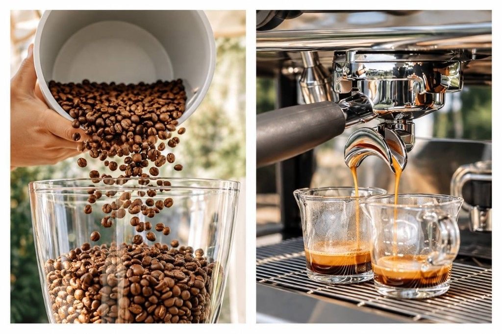 Coffee beans poured into a grinder and espresso shots pulled into glass cups