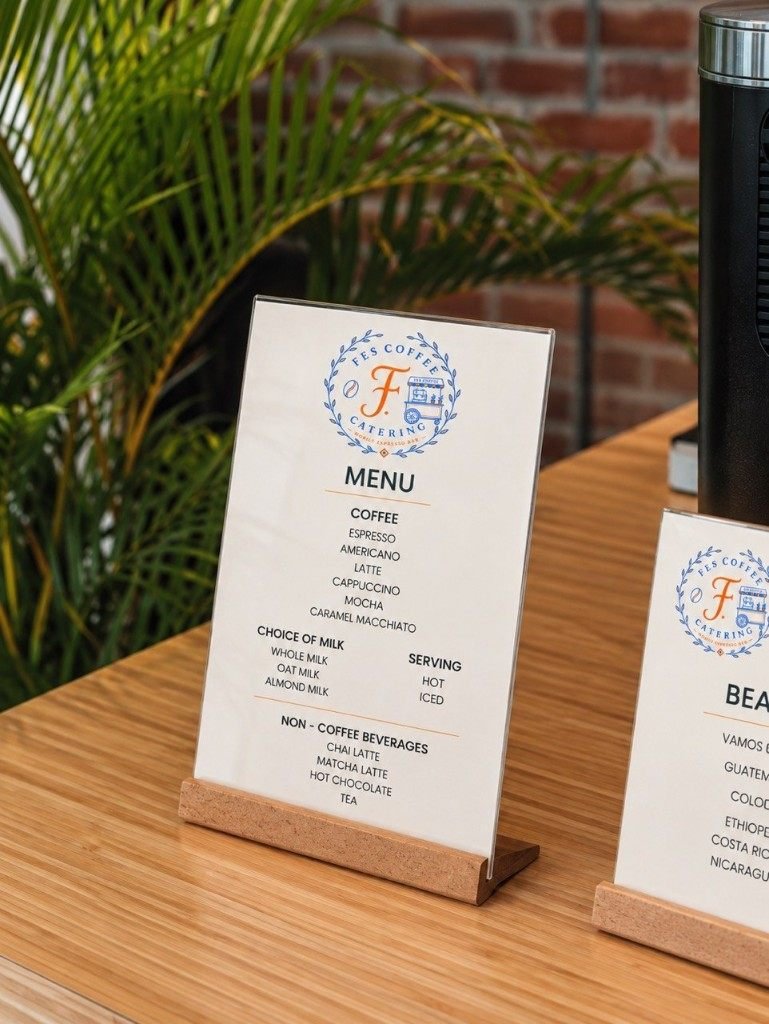Fes Coffee menu sign on the coffee cart for client appreciation