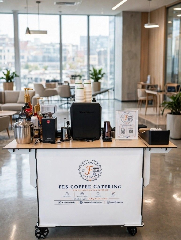 Fes Coffee cart set up in a bright office for a corporate event