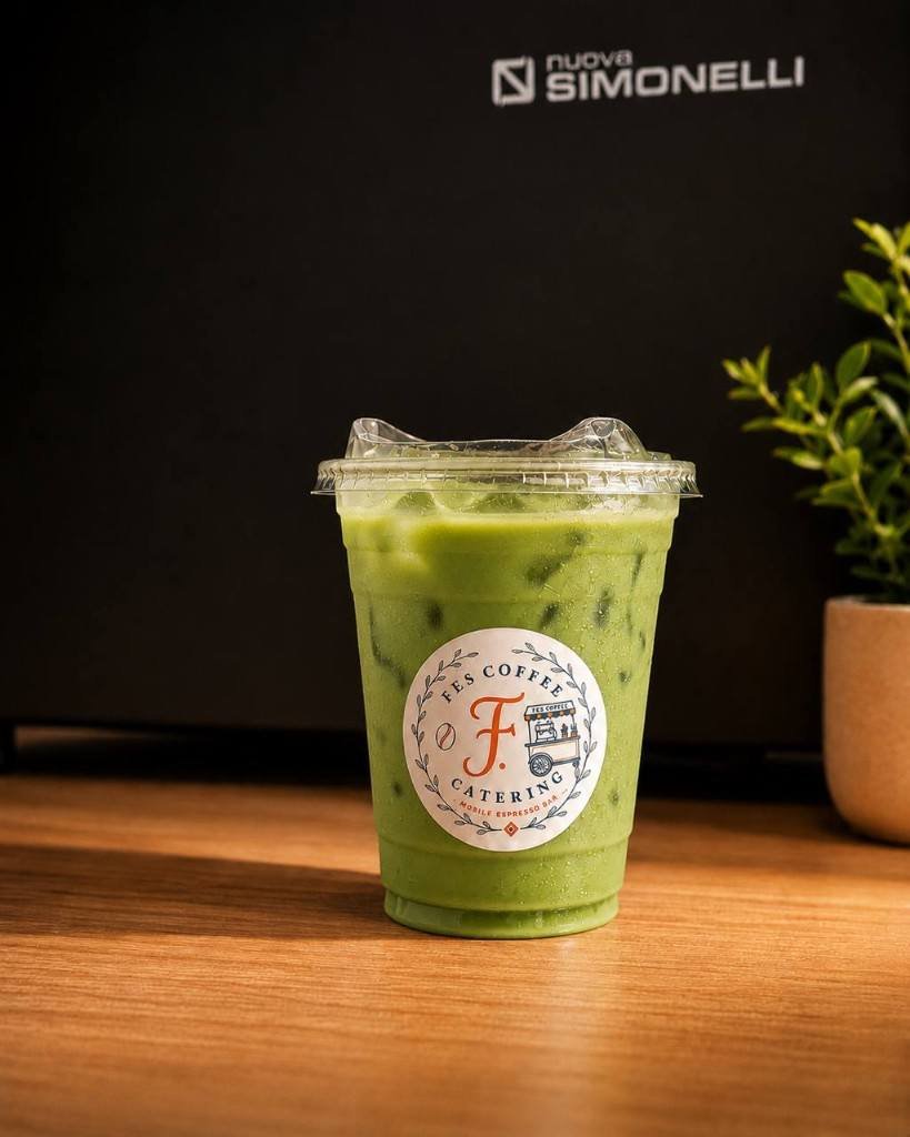 Iced caramel latte with Fes Coffee logo