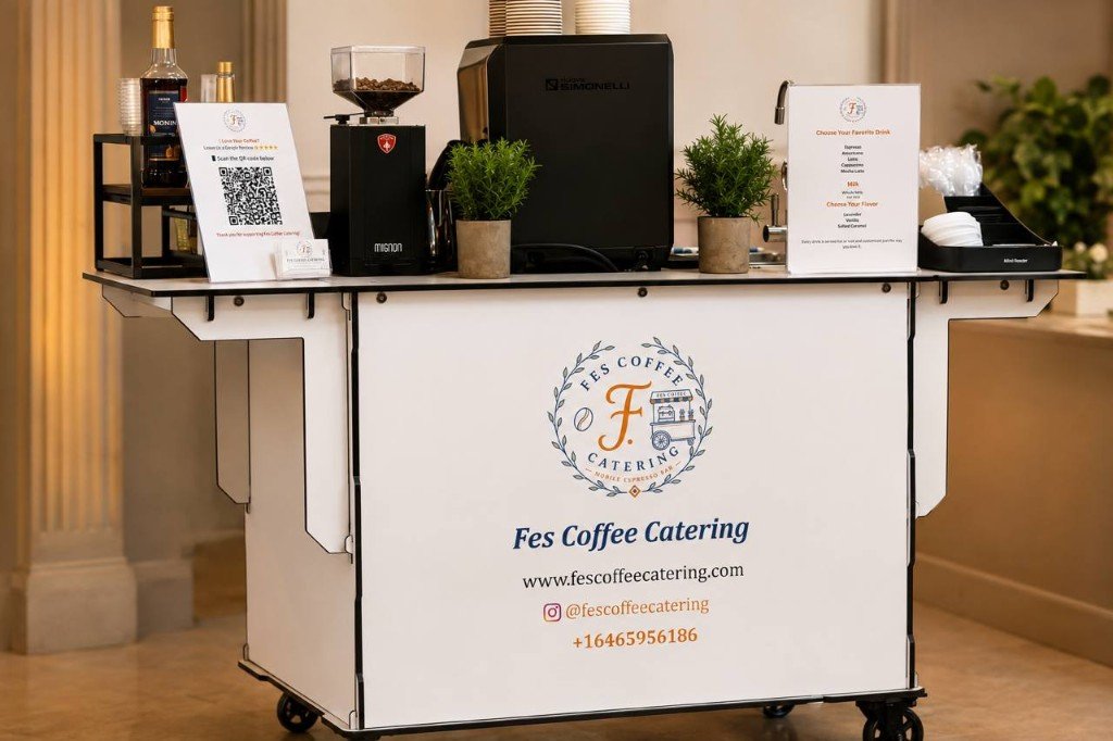 Fes Coffee cart with menu and espresso setup indoors
