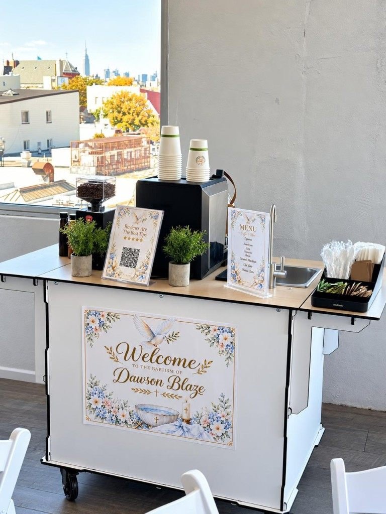 Custom Fes Coffee cart for a baptism celebration