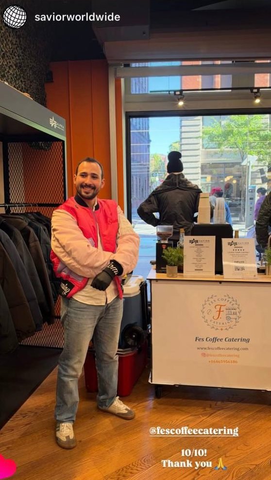 Instagram story of a smiling man in a pink jacket standing in front of the Fes Coffee cart, with a thank-you note