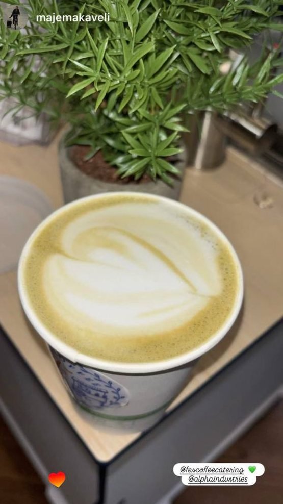 Instagram story of a matcha latte with heart-shaped foam, tagging @fescoffeecatering