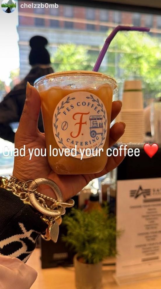 Instagram story of a hand holding an iced coffee in a Fes Coffee cup, with the text Glad you loved your coffee
