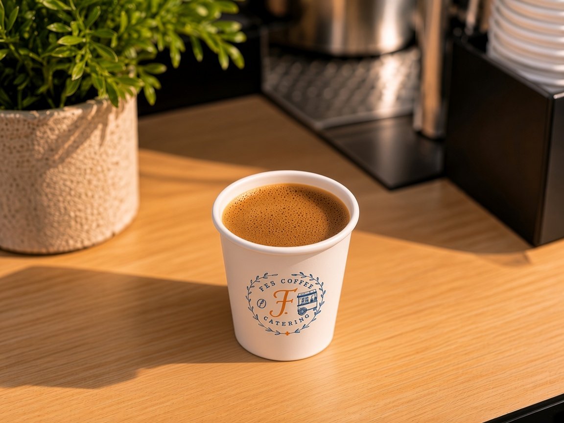 Espresso in a small Fes Coffee paper cup with our logo