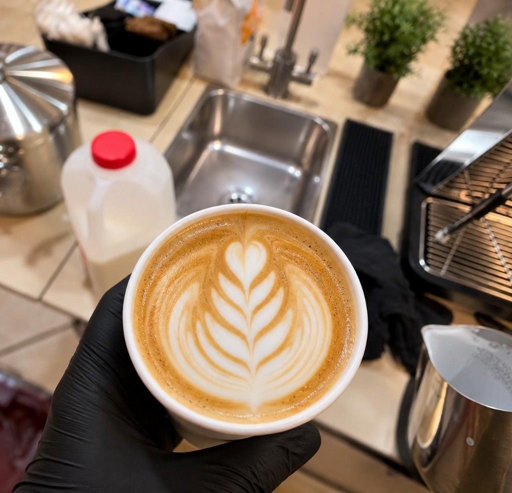 Latte with rosetta latte art in a Fes Coffee cup