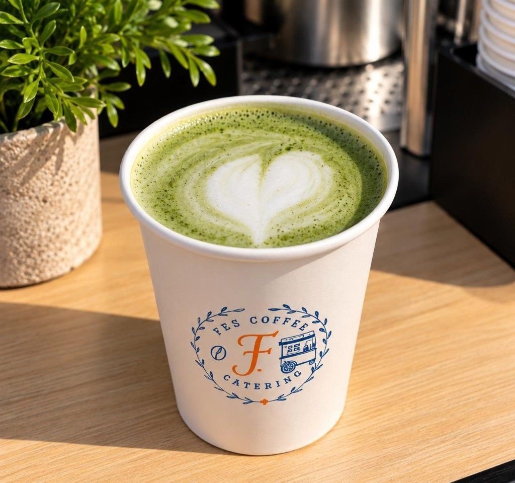 Matcha latte with heart art in a Fes Coffee cup