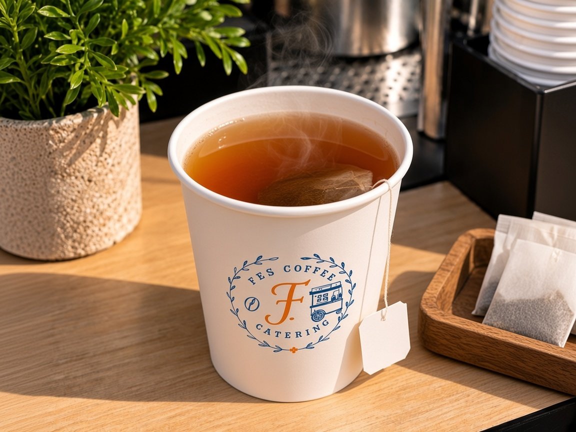 Hot tea with a tea bag in a Fes Coffee cup