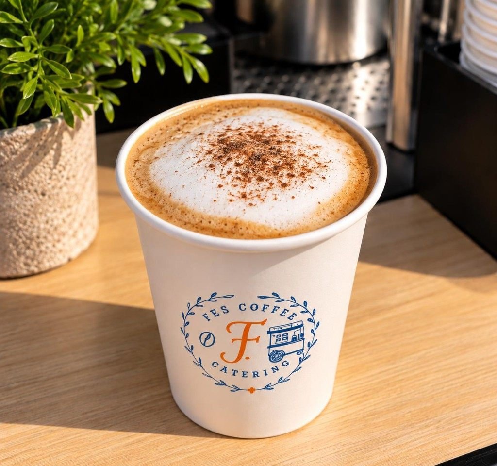 Cinnamon cappuccino in a Fes Coffee branded cup