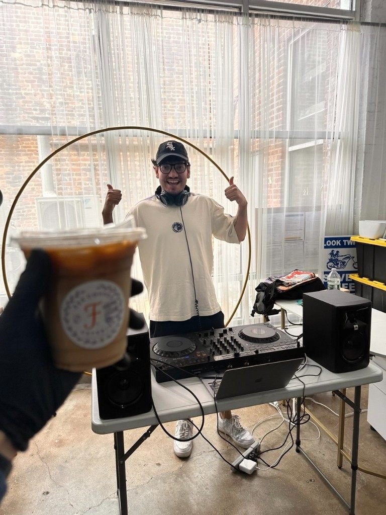 Fes Coffee iced drink at a wedding with the DJ