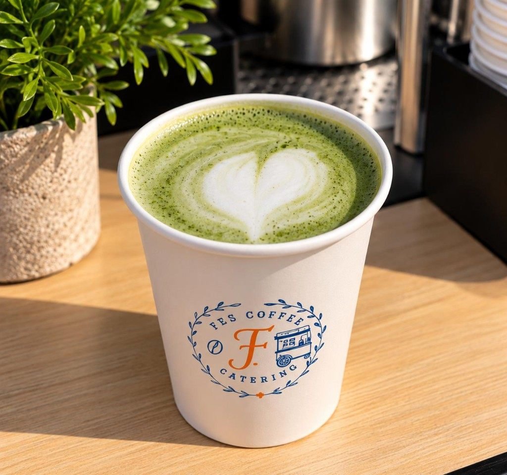Matcha latte with heart art in a Fes Coffee branded cup