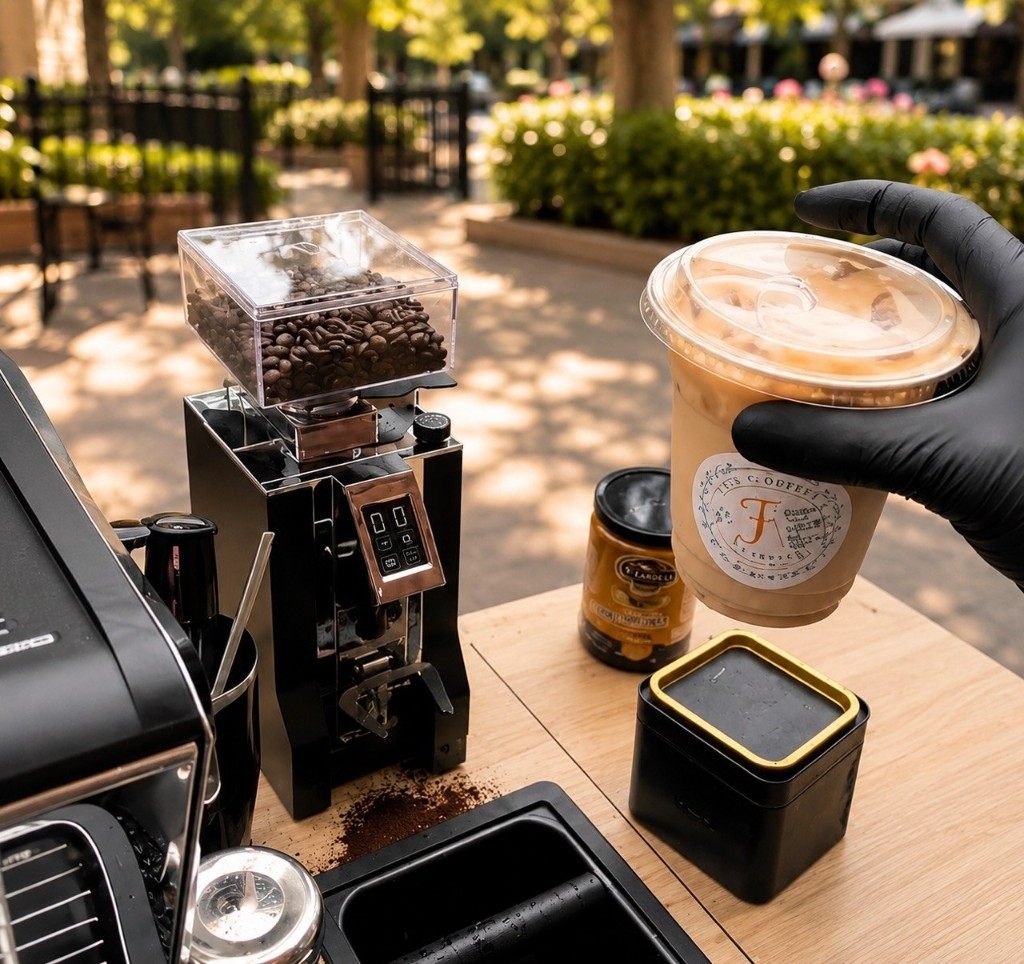 Iced latte and espresso grinder on the outdoor coffee cart