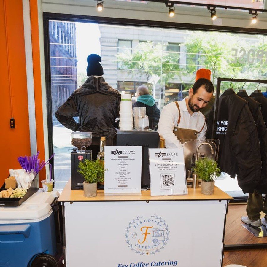 Fes branded coffee cart at a brand activation in New York City