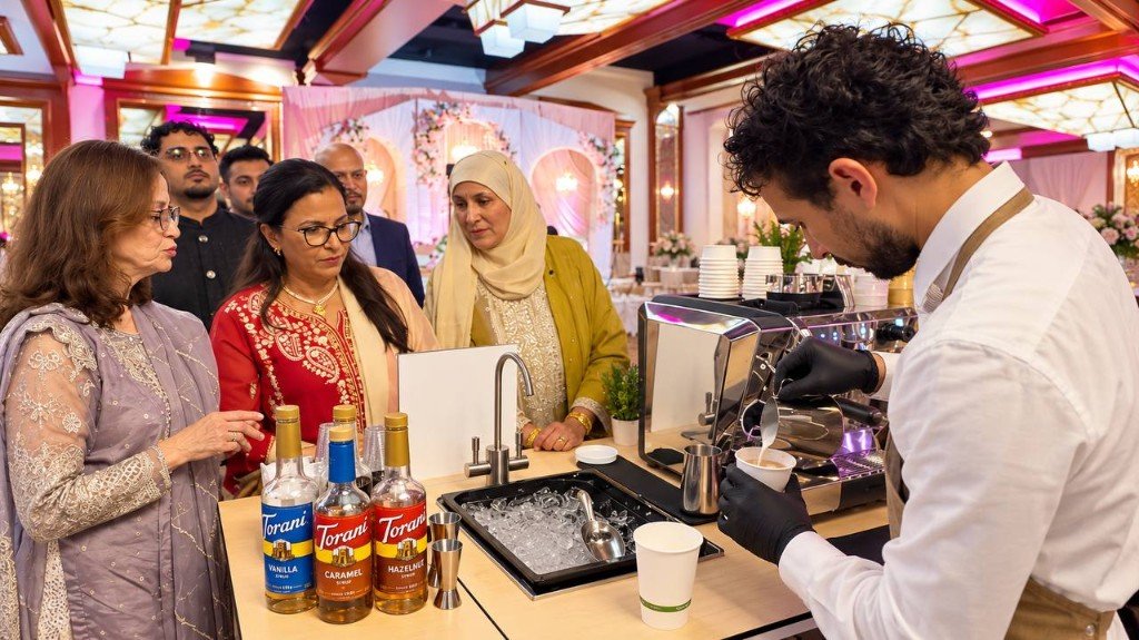 Fes Coffee barista pouring latte art for wedding guests