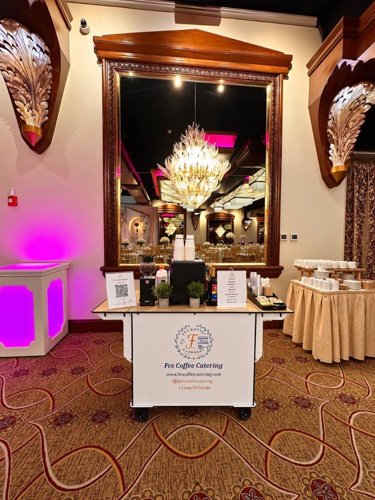 Fes Coffee espresso bar cart at elegant wedding ballroom